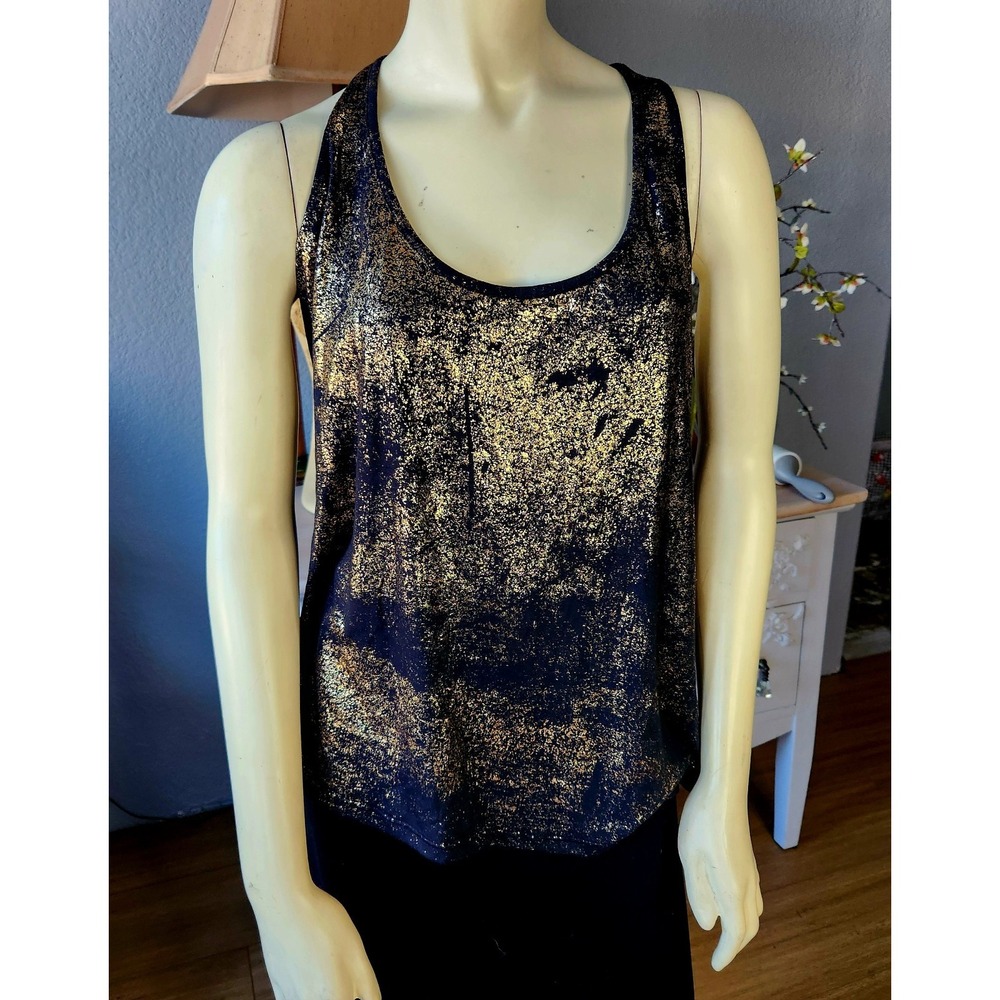 NWT Material Girl Racerback Tank Top XL Black With Gold Foil Splatter Glam Rock